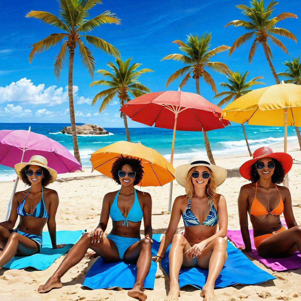 A vibrant beach scene showcasing diverse individuals confidently wearing stylish swimwear, with sun hats and sunglasses, enjoying the sun and surf. Include colorful beach umbrellas, palm trees swaying in the breeze, and a bright blue sky. The atmosphere should radiate fun, confidence, and a carefree lifestyle. super-realistic. vibrant colors. high detail.