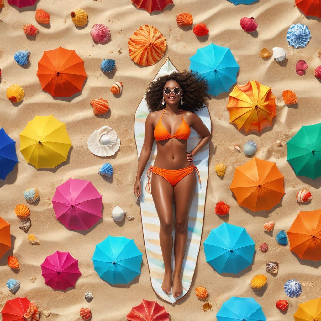A vibrant beach scene showcasing diverse women of different body types confidently wearing stylish bikinis, each representing various trending designs. Sunlight glistens on the ocean waves while colorful beach umbrellas and seashells embellish the sandy shore. The atmosphere is fun and lively, capturing summertime joy and empowerment. super-realistic. vibrant colors. 3D.
